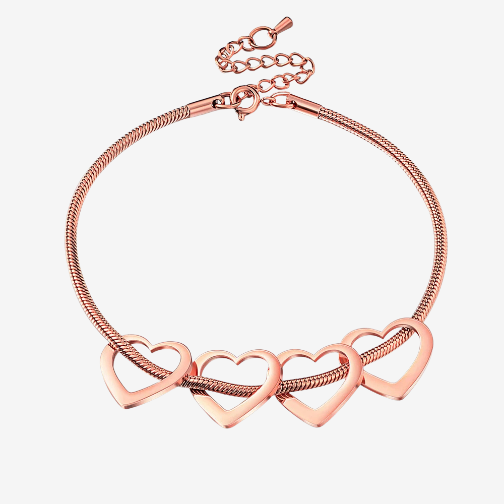 Bracelet charms femme en or rose, chaîne serpent et 4 cœurs gravables