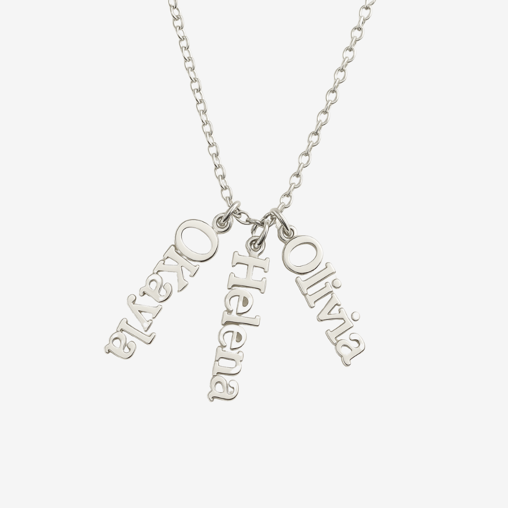 Collier prénoms personnalisés en chaîne argentée, 3 pendentifs prénoms verticaux
