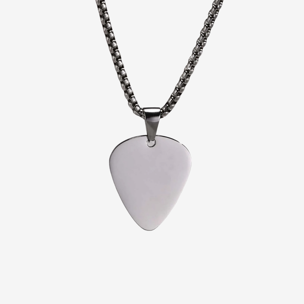 Collier pour homme argenté, pendentif médiator de guitare gravable