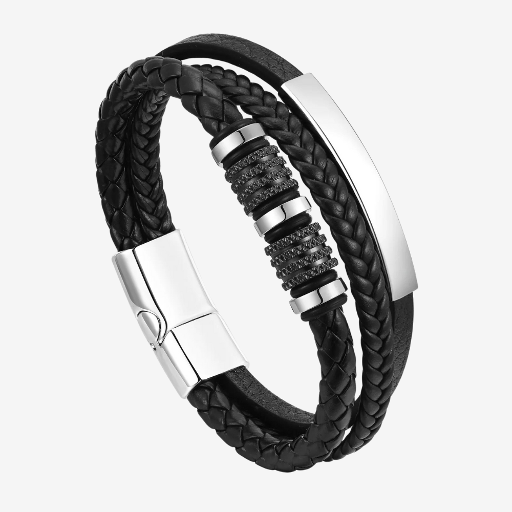 Bracelet cuir homme tressé noir, plaque argentée et perles ornées de strass