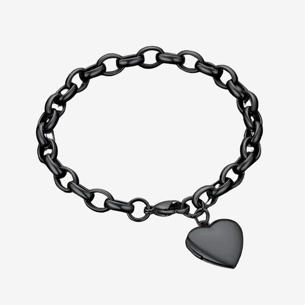 Bracelet photo personnalisé en acier noir, vue complète du médaillon cœur fermé