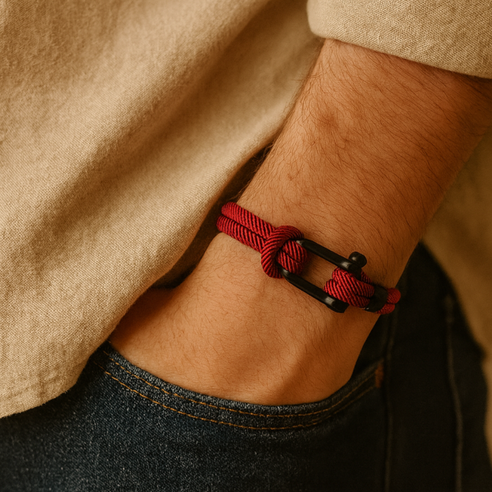 Bracelet homme personnalisable porté au poignet, corde bordeaux et boucle noire