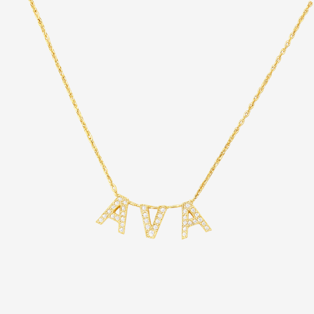 Prénom collier en or, lettres serties de zircons sur chaîne fine