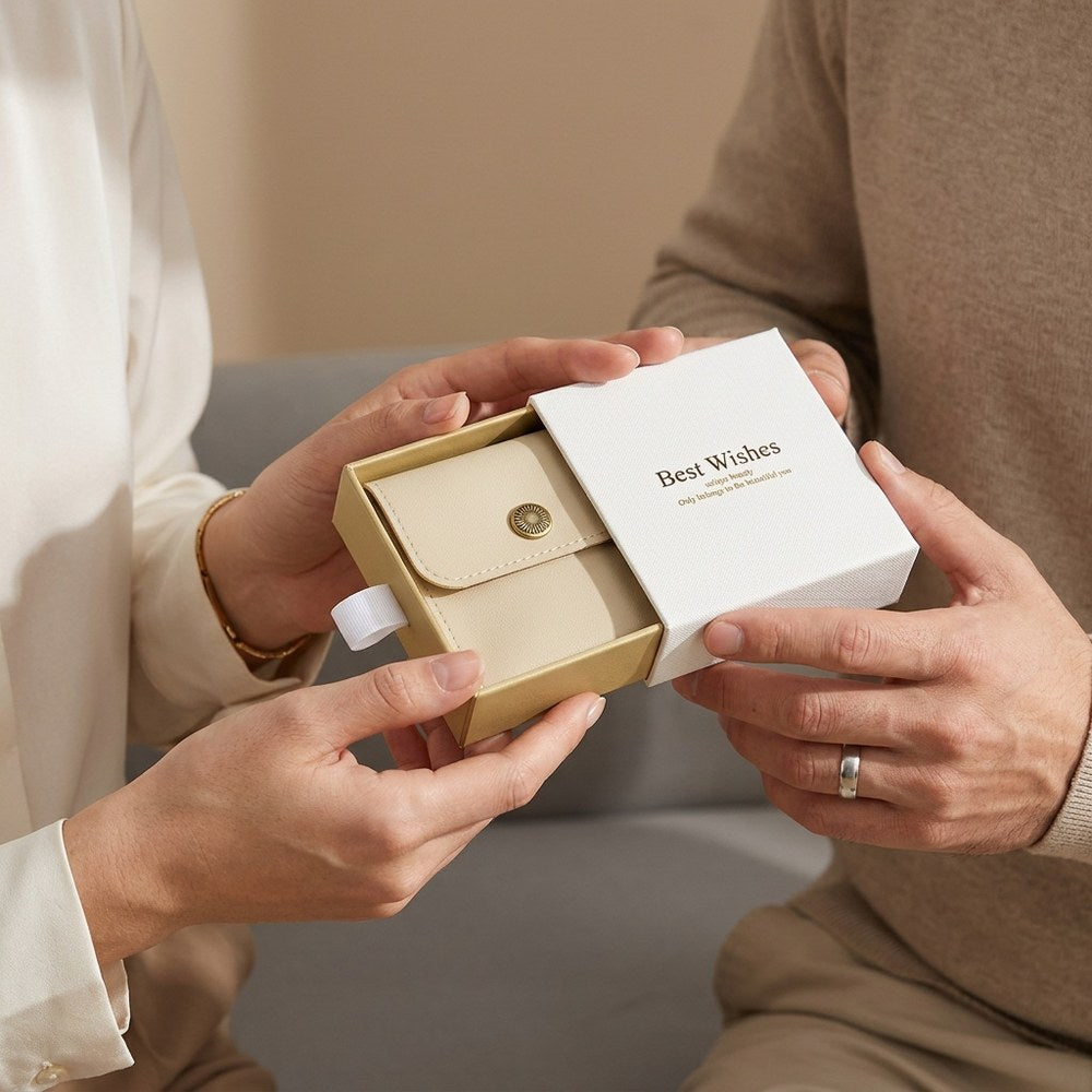 Boîte cadeau bijou avec pochon offerte en couple, moment du cadeau
