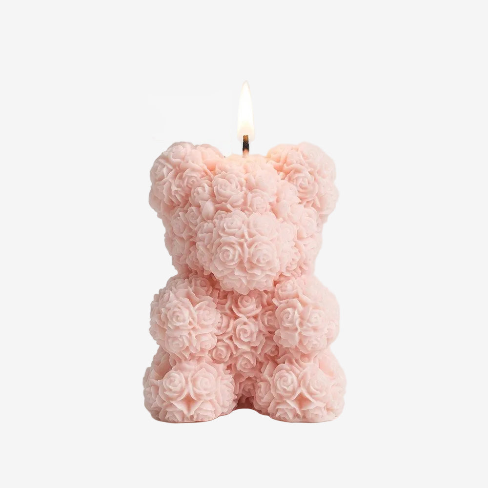 Bougie cadeau ourson fleuri, vue produit sur fond neutre