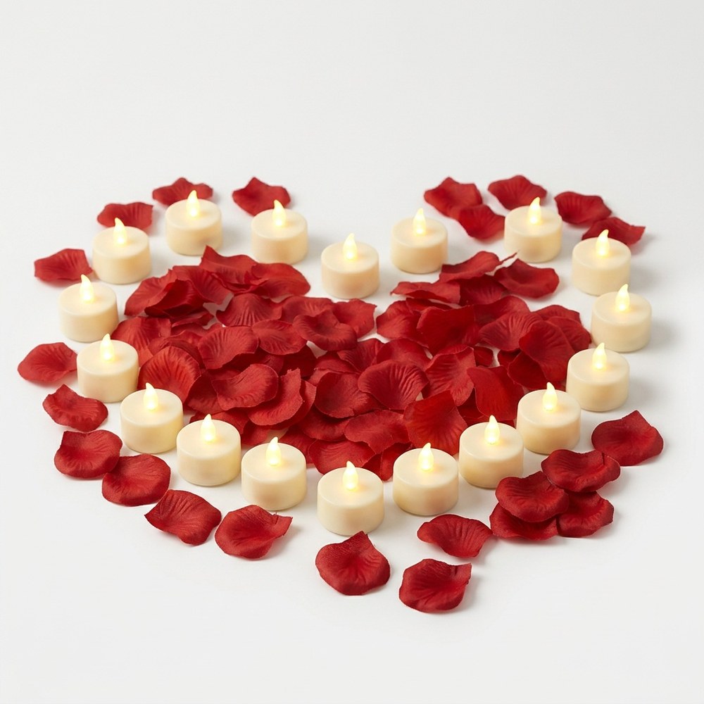 Bougies LED en cœur et pétales de roses, vue produit sur fond neutre