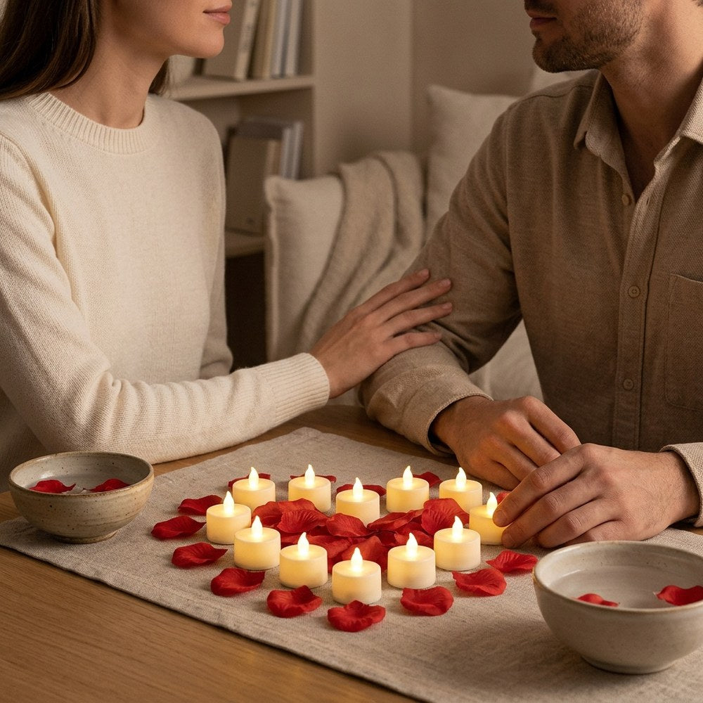 Décor romantique en cœur avec bougies LED lors d'un dîner en couple