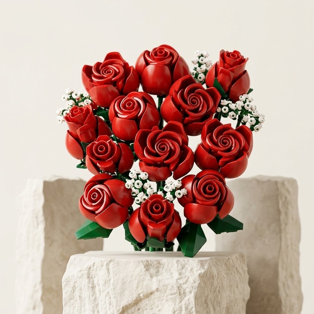 Bouquet de fleurs à construire posé sur décor minéral ivoire