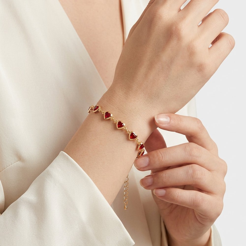 Bracelet chaîne de cœur, geste de main au poignet