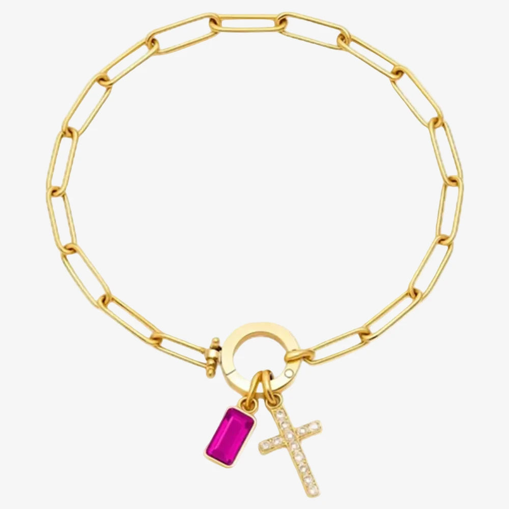 Bracelet élégant charms avec une pierre de naissance juillet et une croix en strass