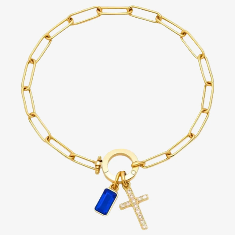 Bracelet charms avec une crois et une pierre de naissance Septembre