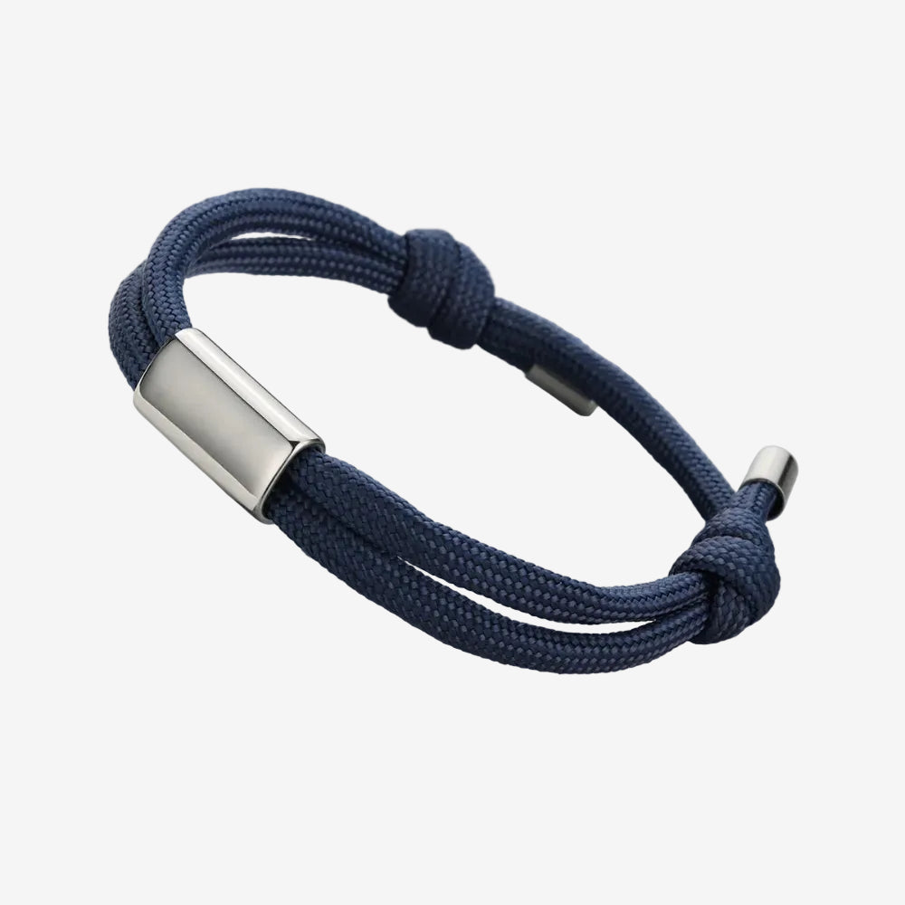 bracelet corde homme bleu marine avec une plaque argent