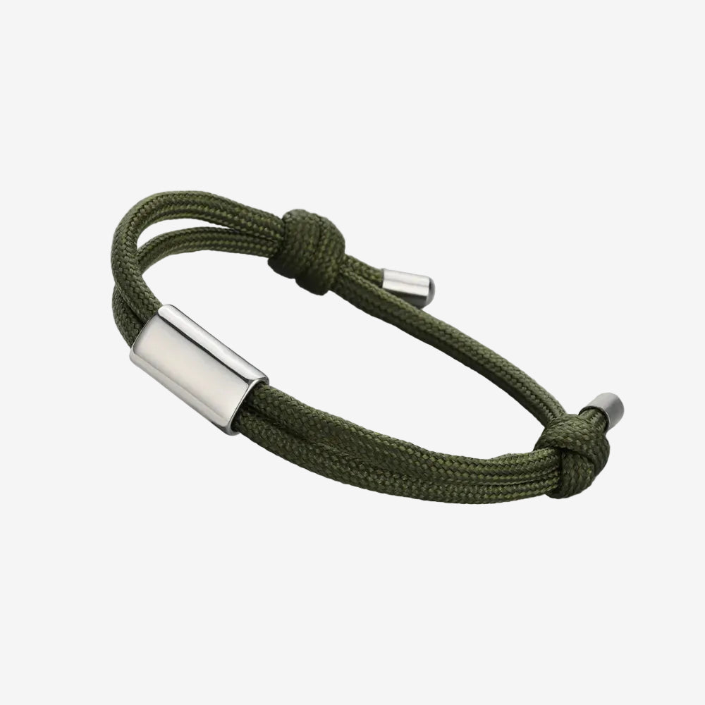 bracelet corde homme kaki avec une plaque en argent