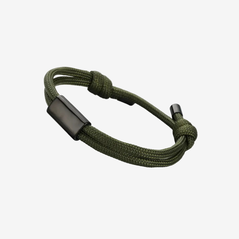 Bracelet corde homme kaki avec une plaque noir