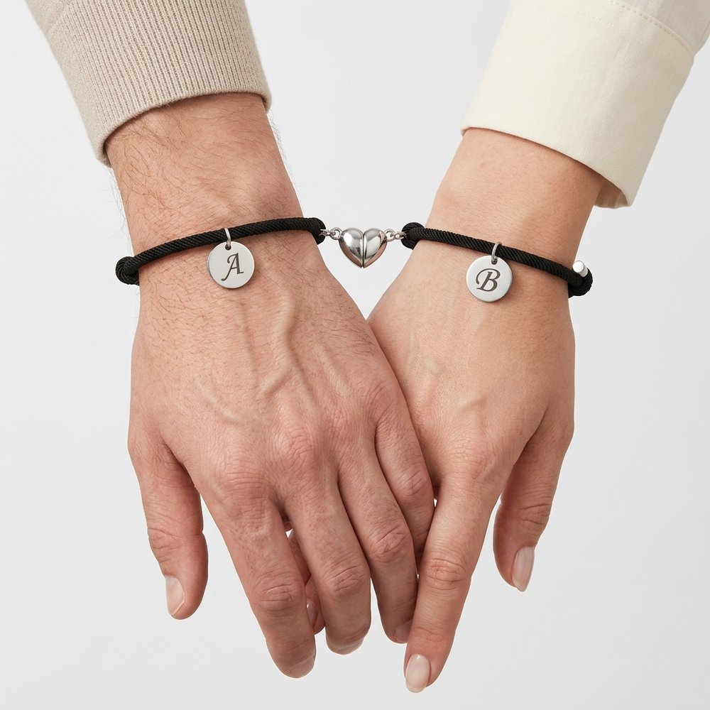 Mains d'un couple portant le bracelet couple aimant aux cœurs réunis