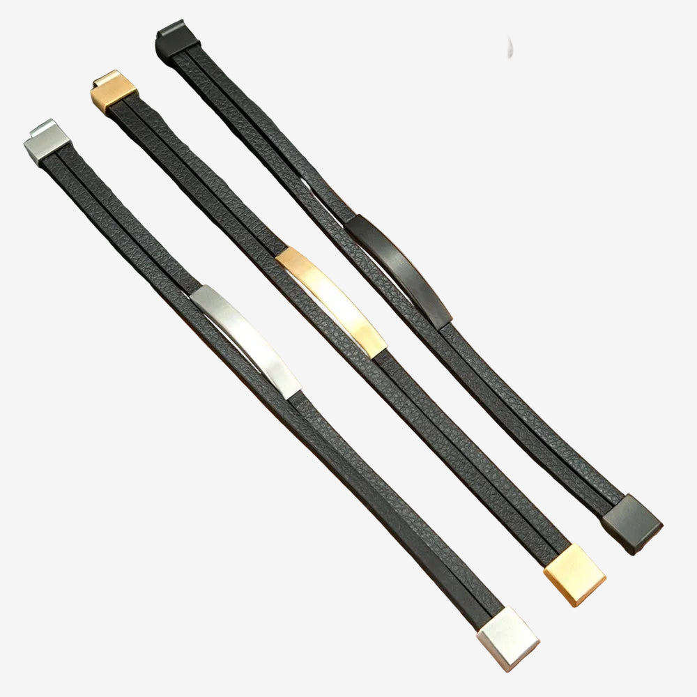 les trois types de bracelet cuir et acier homme disponible en argent, or ou noir