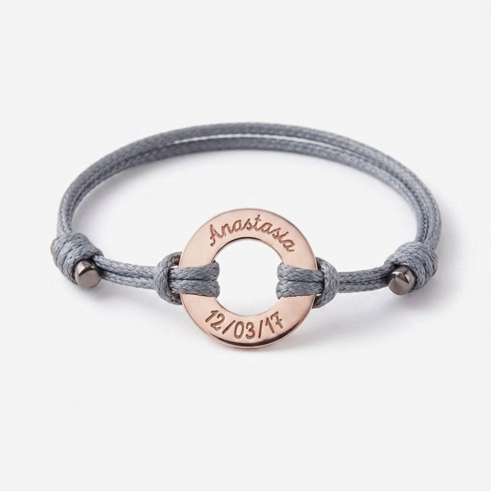 Bracelet femme personnalisé anneaux, cordon gris