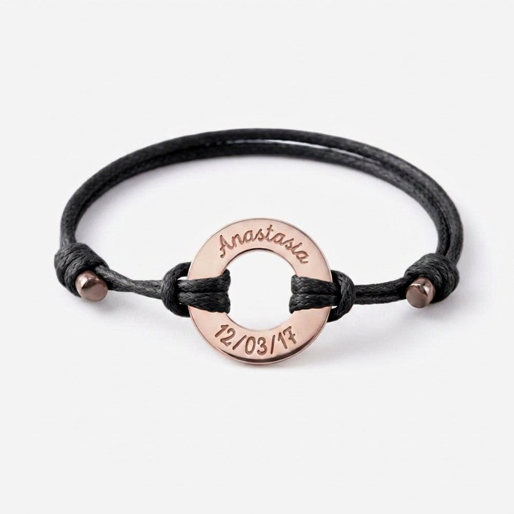 Bracelet homme personnalisé anneaux, cordon noir