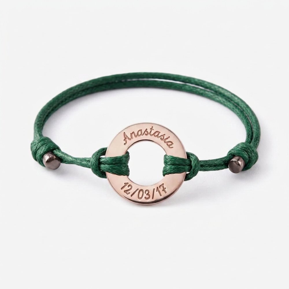 Bracelet femme personnalisé anneaux, cordon vert