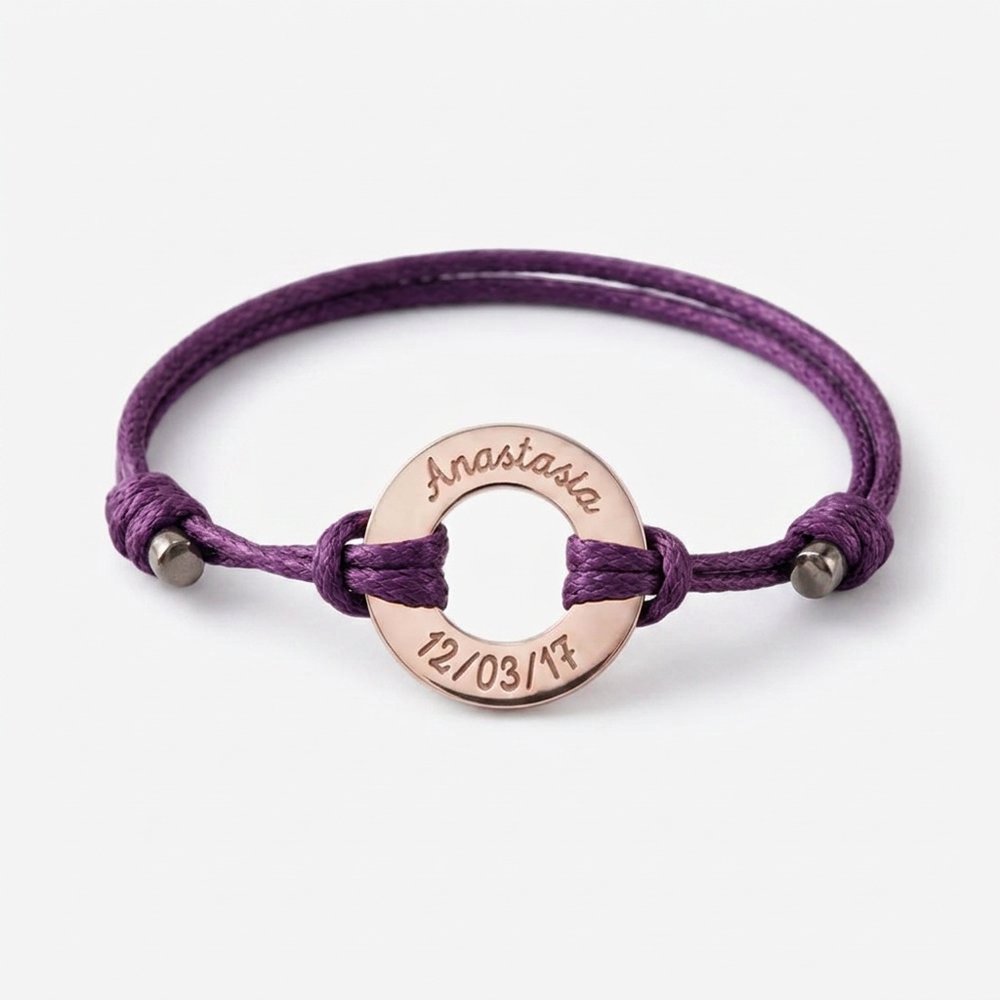 Bracelet femme personnalisé anneaux, cordon violet