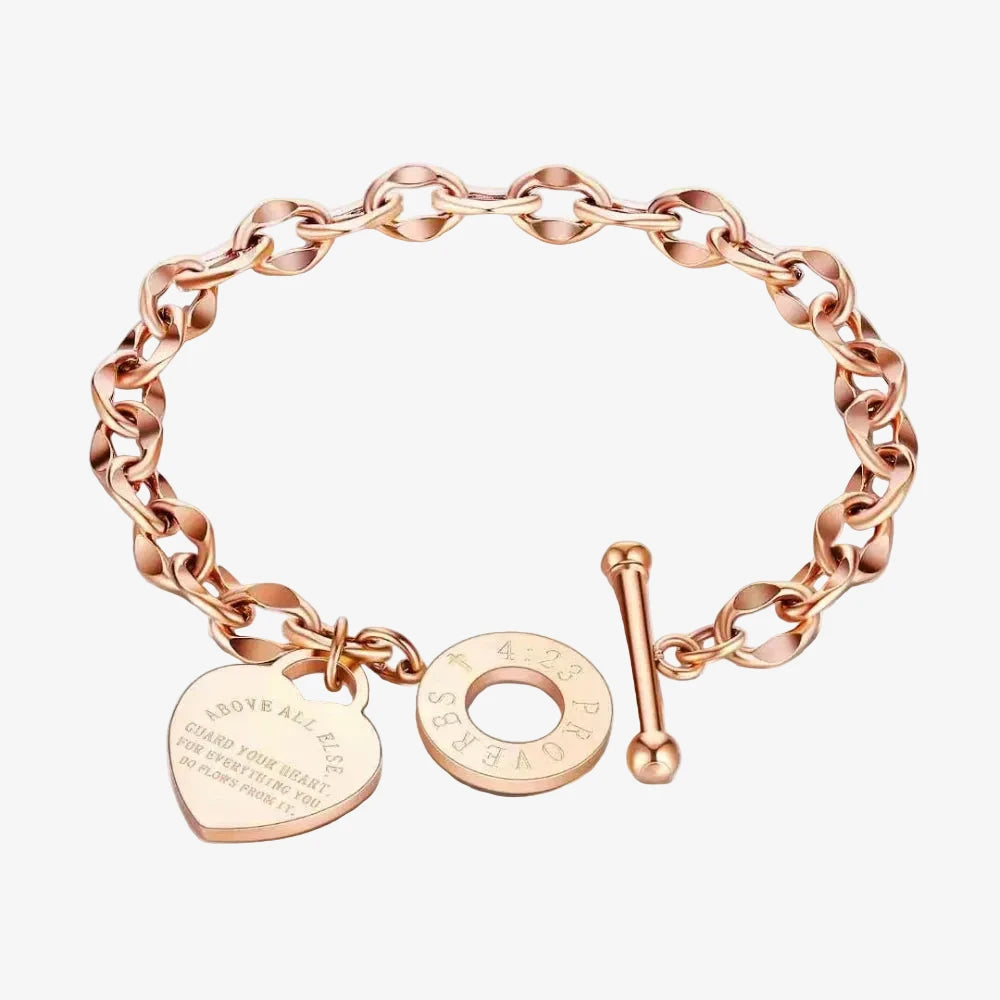 Chaine graine de café, bracelet or rose pour femme avec un charm coeur
