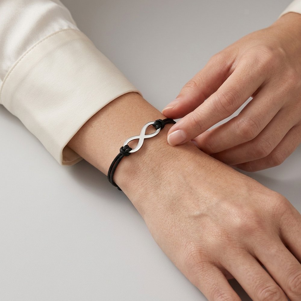 Main de femme portant le bracelet signe infini sur cordon noir