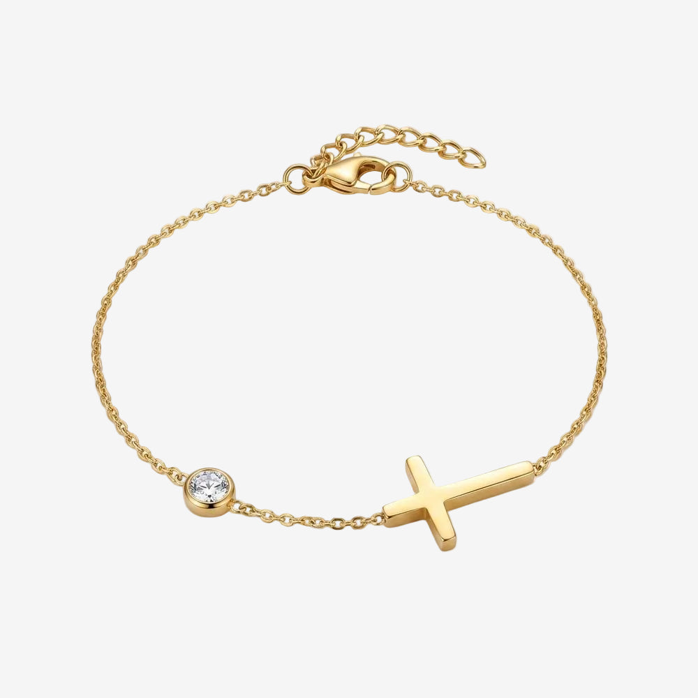 Bracelet pierre de naissance et croix, vue produit sur fond neutre
