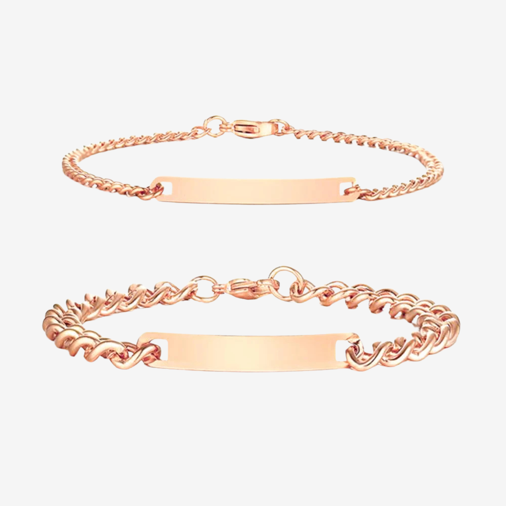 Bracelet couple en commun en or rose, duo de tailles avec plaques gravables