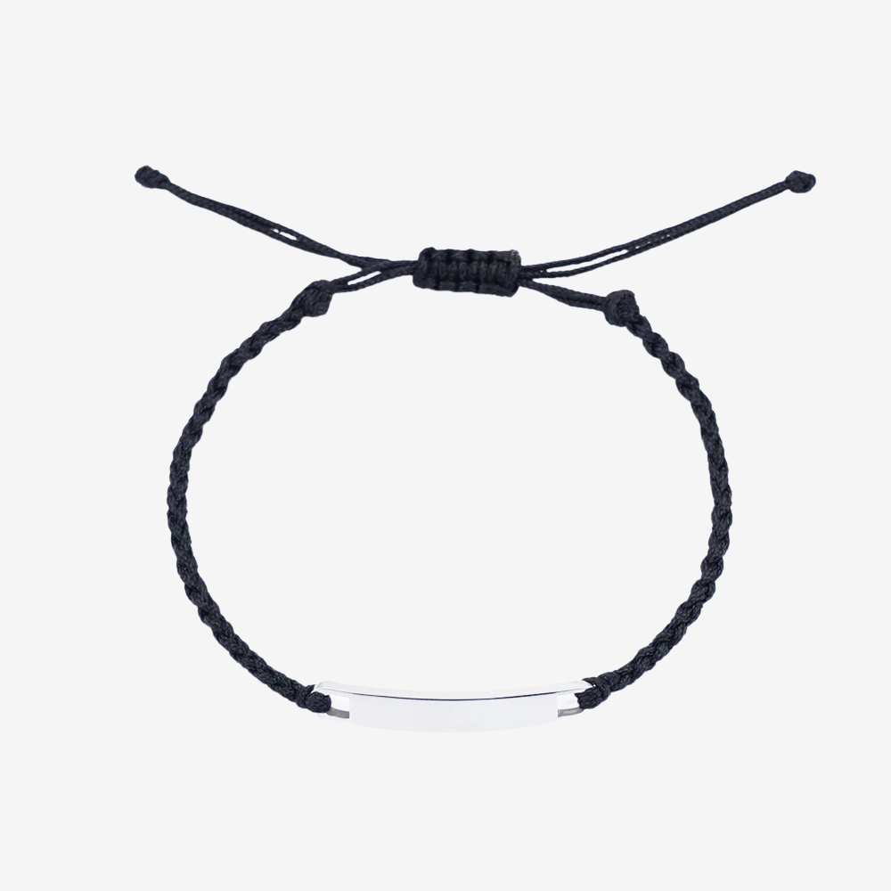 Bracelet couple distance en coton noir, plaque argentée gravable et cordon ajustable