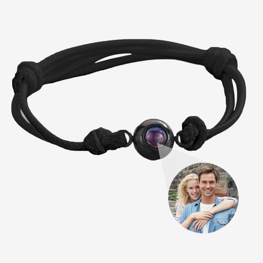 Bracelet avec photo projection en cordon noir, sphère de projection avec photo couple