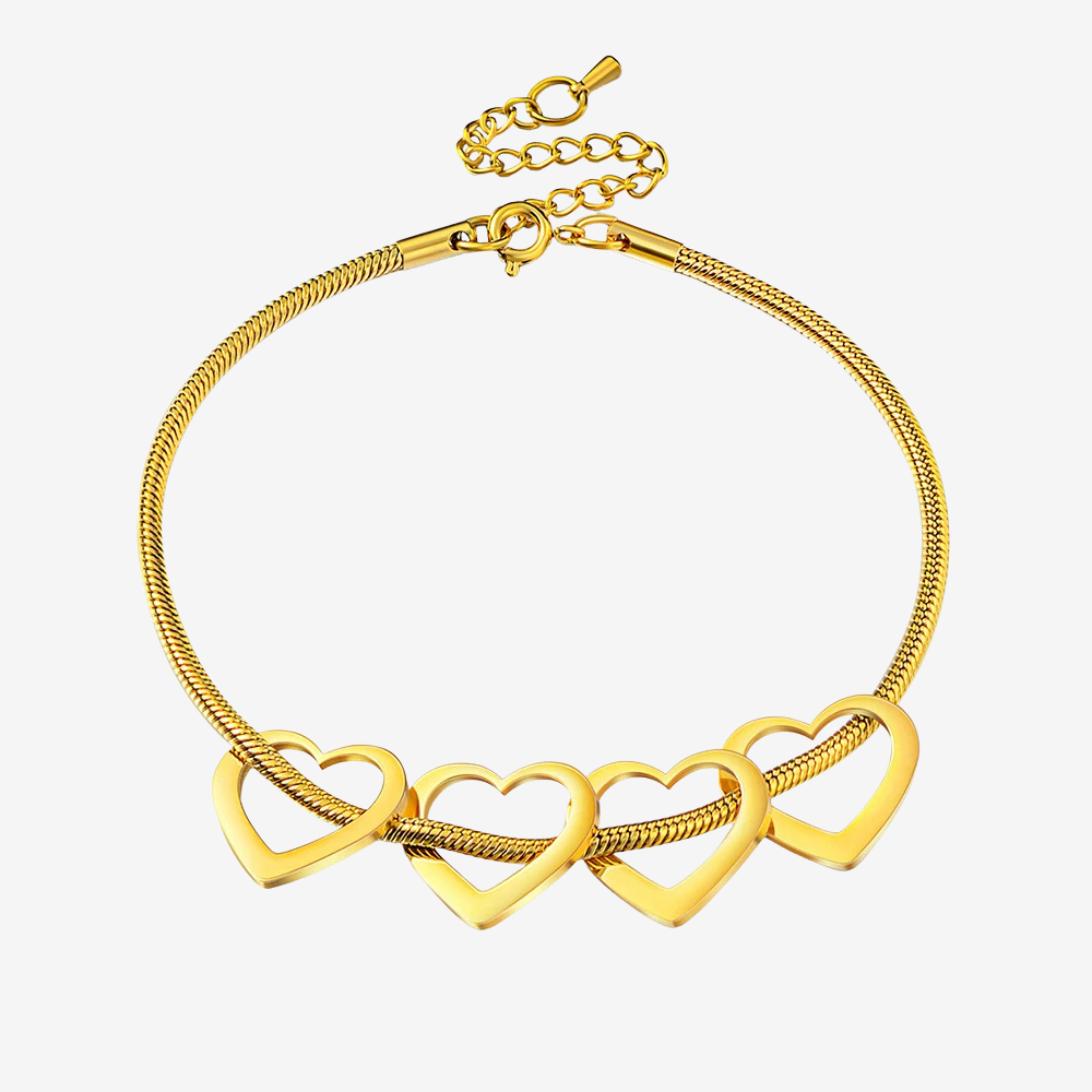 Bracelet charms femme en acier inoxydable doré, chaîne serpent et 4 cœurs gravables