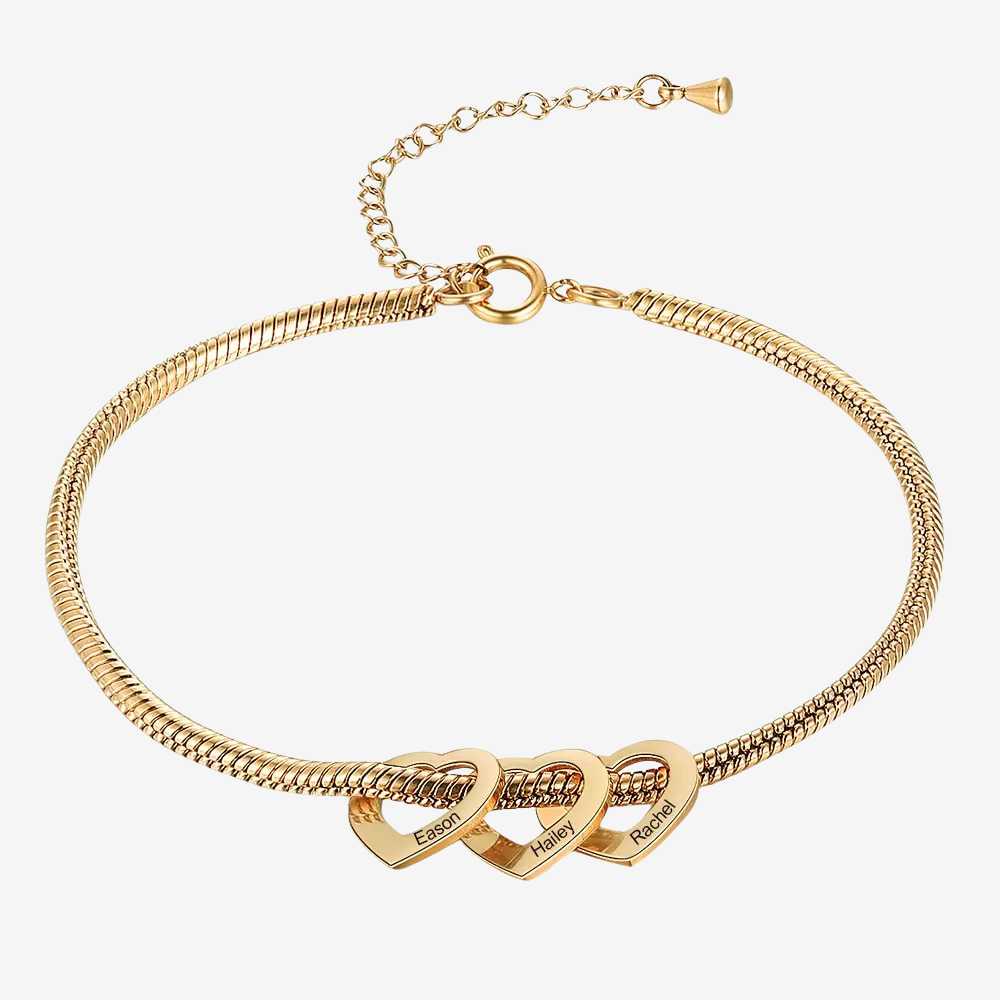 Bracelet charms femme en acier inoxydable doré, chaîne serpent avec 3 cœurs gravés