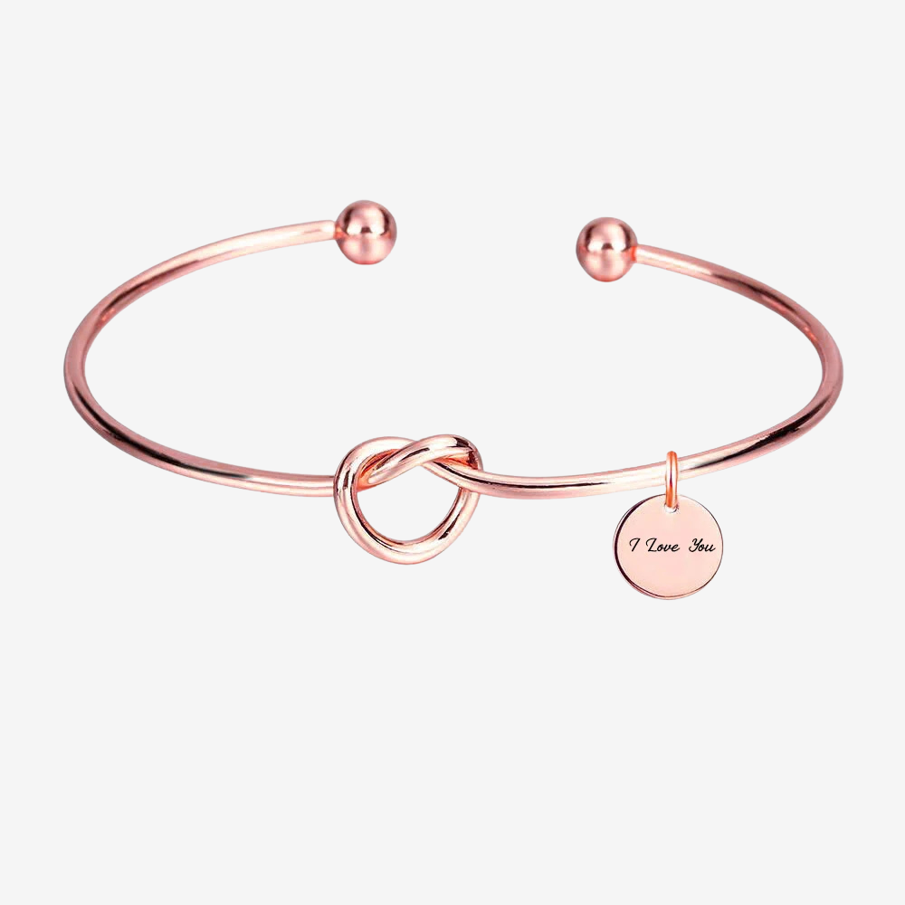 Bracelet jonc nœud à personnaliser en or rose, médaillon gravé I Love You