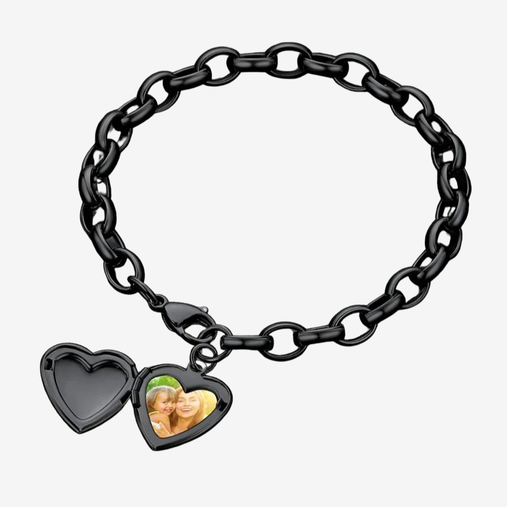 Bracelet photo personnalisé en acier noir, médaillon cœur ouvrant avec photo insérée