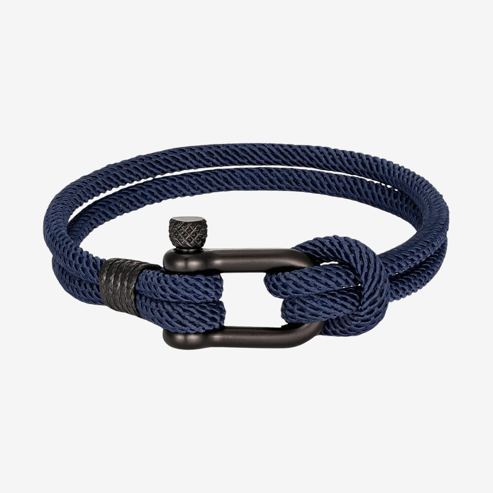 Bracelet homme personnalisable en corde bleu marine, boucle U gravée en acier noir