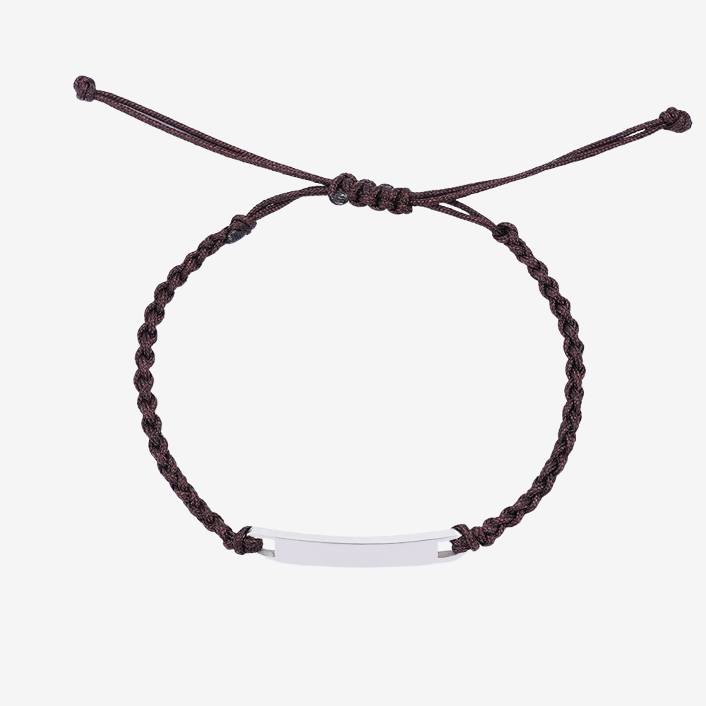 Bracelet couple distance en coton marron, plaque argentée gravable et cordon ajustable