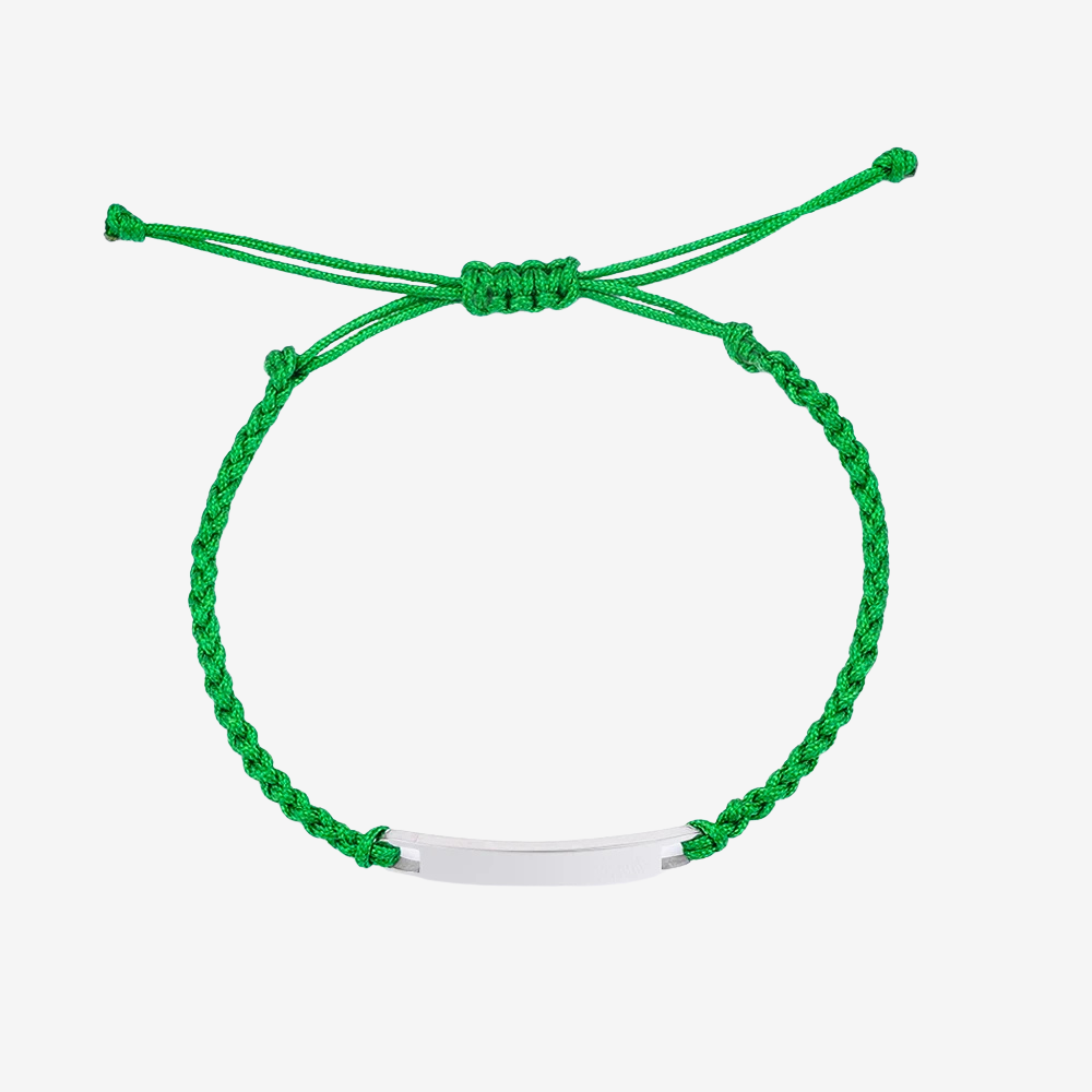 Bracelet couple distance en coton vert, plaque argentée gravable et cordon ajustable