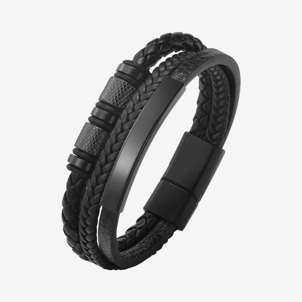 Bracelet cuir homme tressé noir multi-brins avec plaque gravable en acier noir