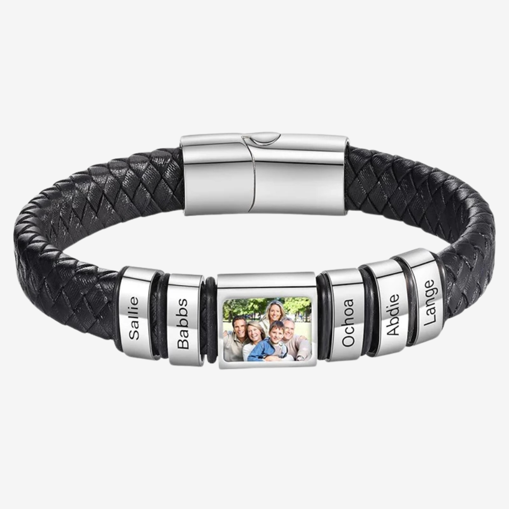 Bracelet homme photo en cuir tressé noir, photo de famille gravée et 5 plaques prénoms