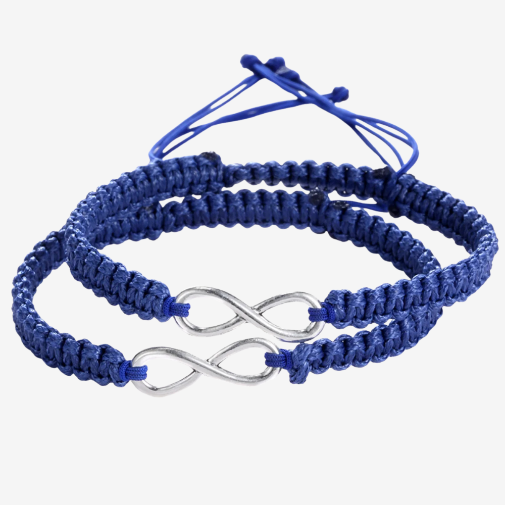 Bracelet infini pour couple en corde bleue, duo avec symbole infini argenté