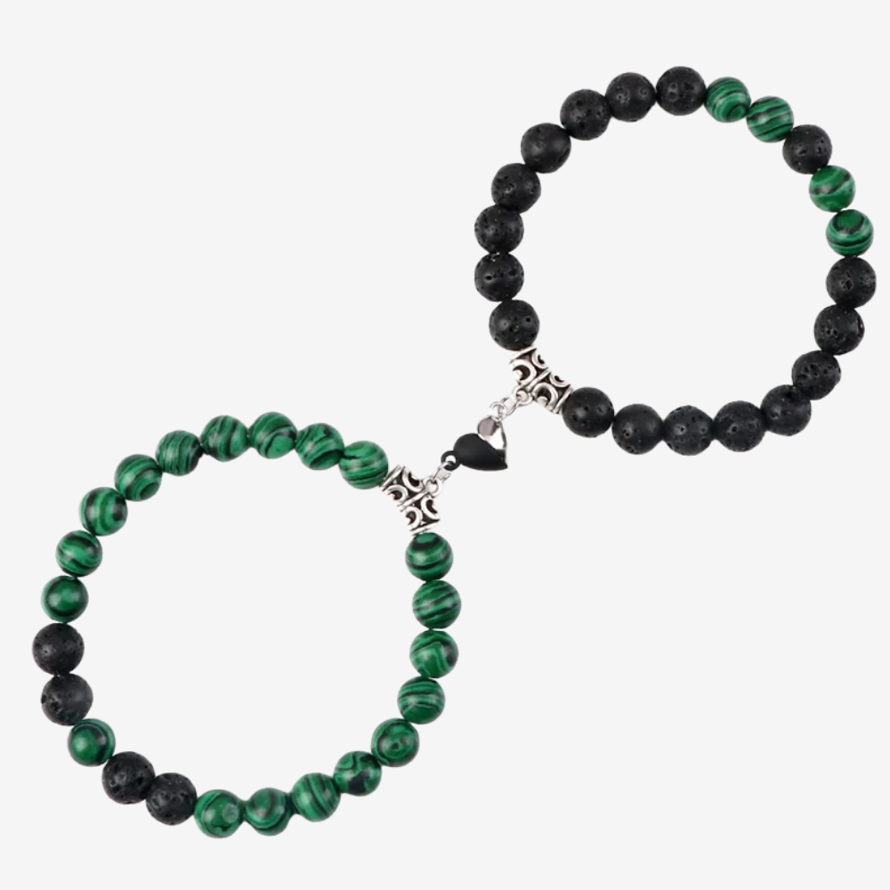 Bracelet d'amour en perles vertes et noires, aimant cœur en acier argenté