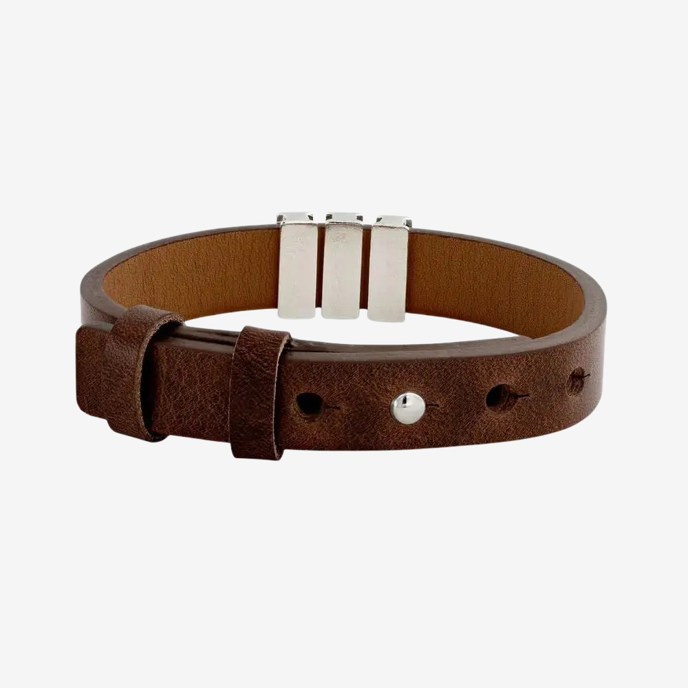 Bracelet homme cuir personnalisé marron, fermoir ajustable à plaques vierges