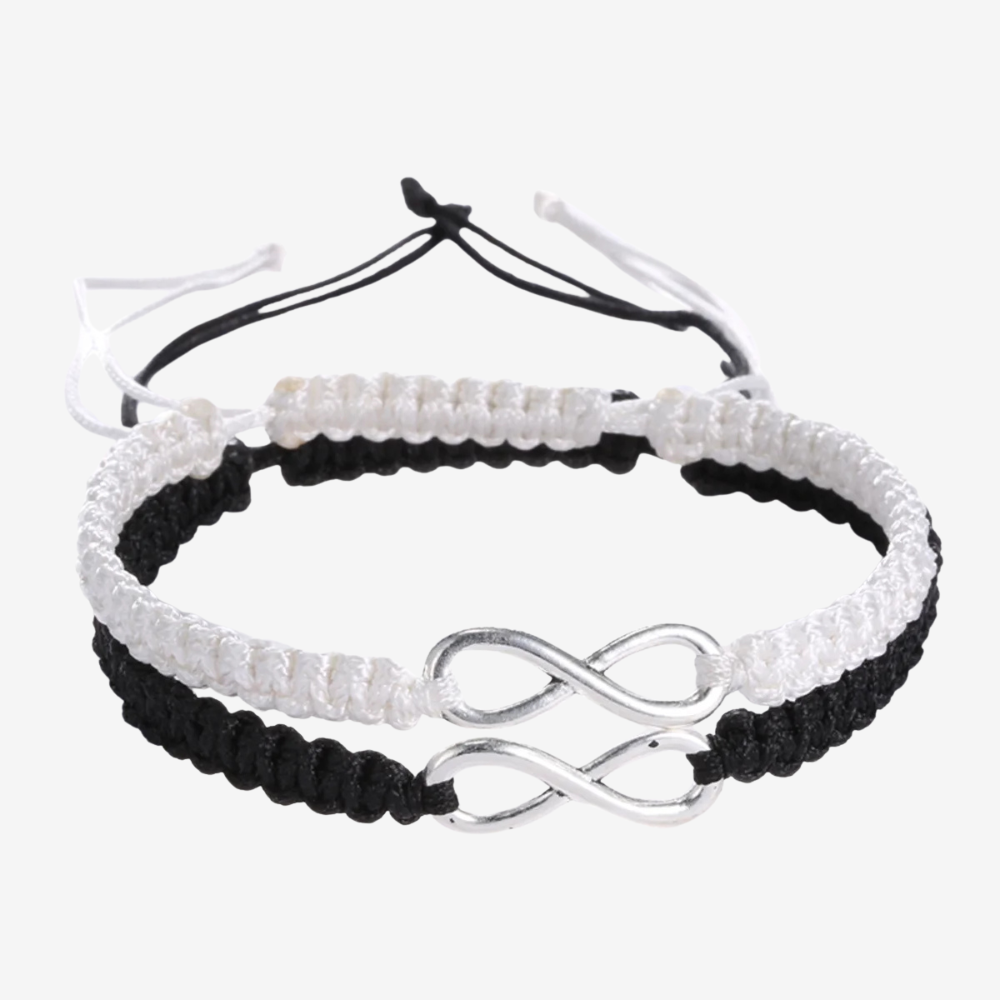 Bracelet infini pour couple en corde noir et blanc, duo avec symbole infini argenté