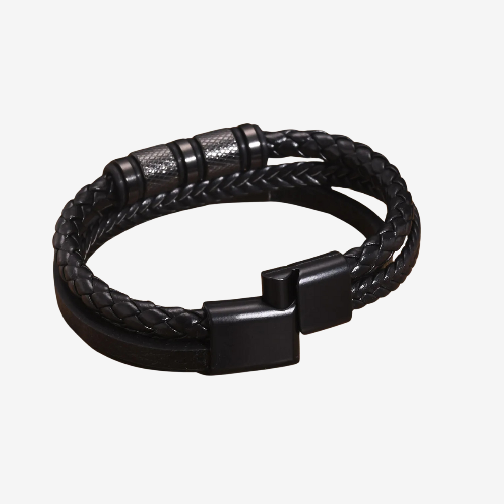 Bracelet cuir homme tressé noir, second modèle avec fermoir aimanté sans plaque