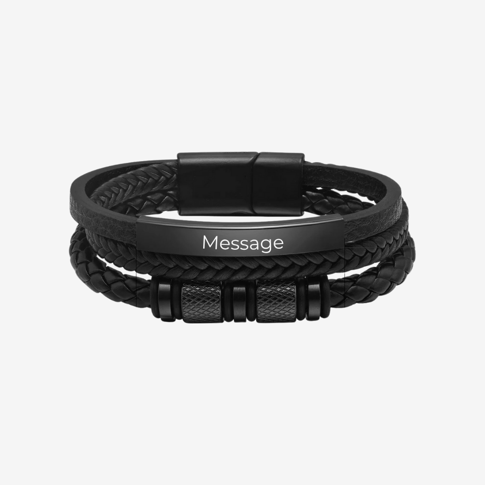 Bracelet cuir homme tressé noir, plaque gravée avec message personnalisé