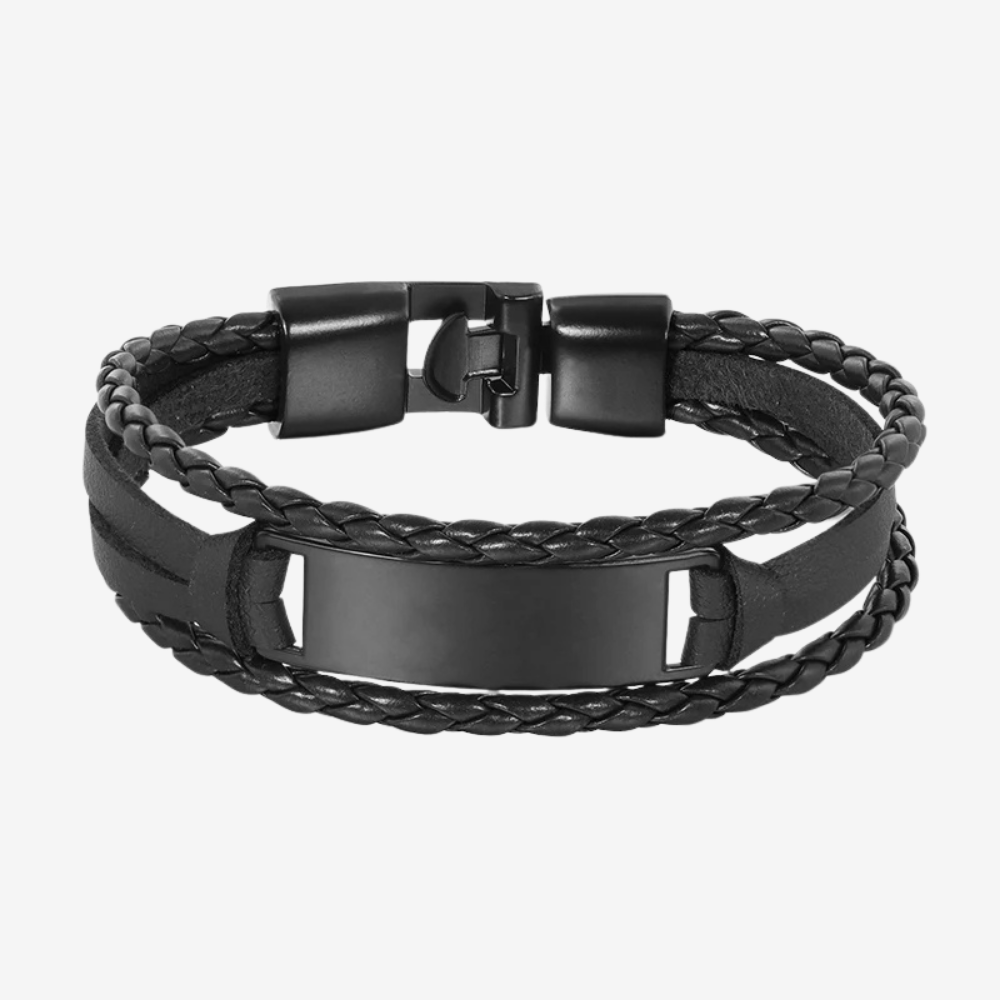 Bracelet cuir homme personnalisé noir, tressage double brin et plaque gravable