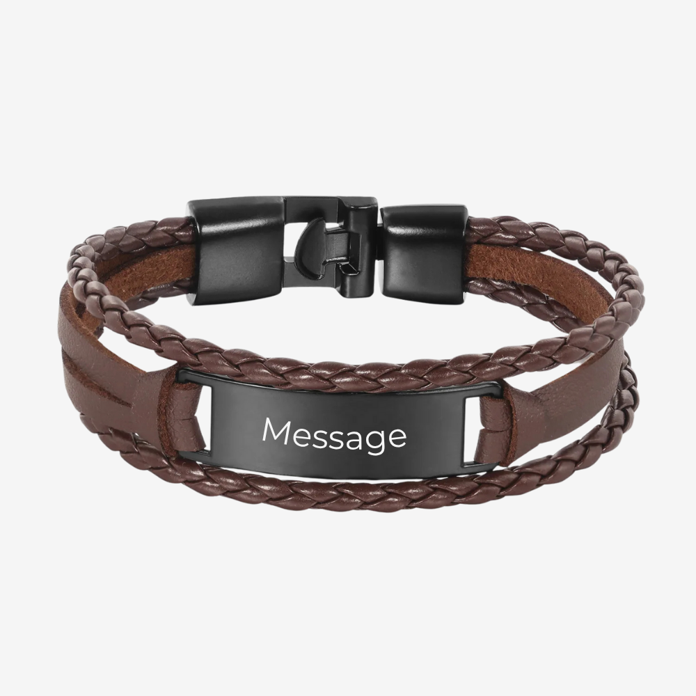 Bracelet cuir homme personnalisé marron, plaque gravée avec message personnalisé