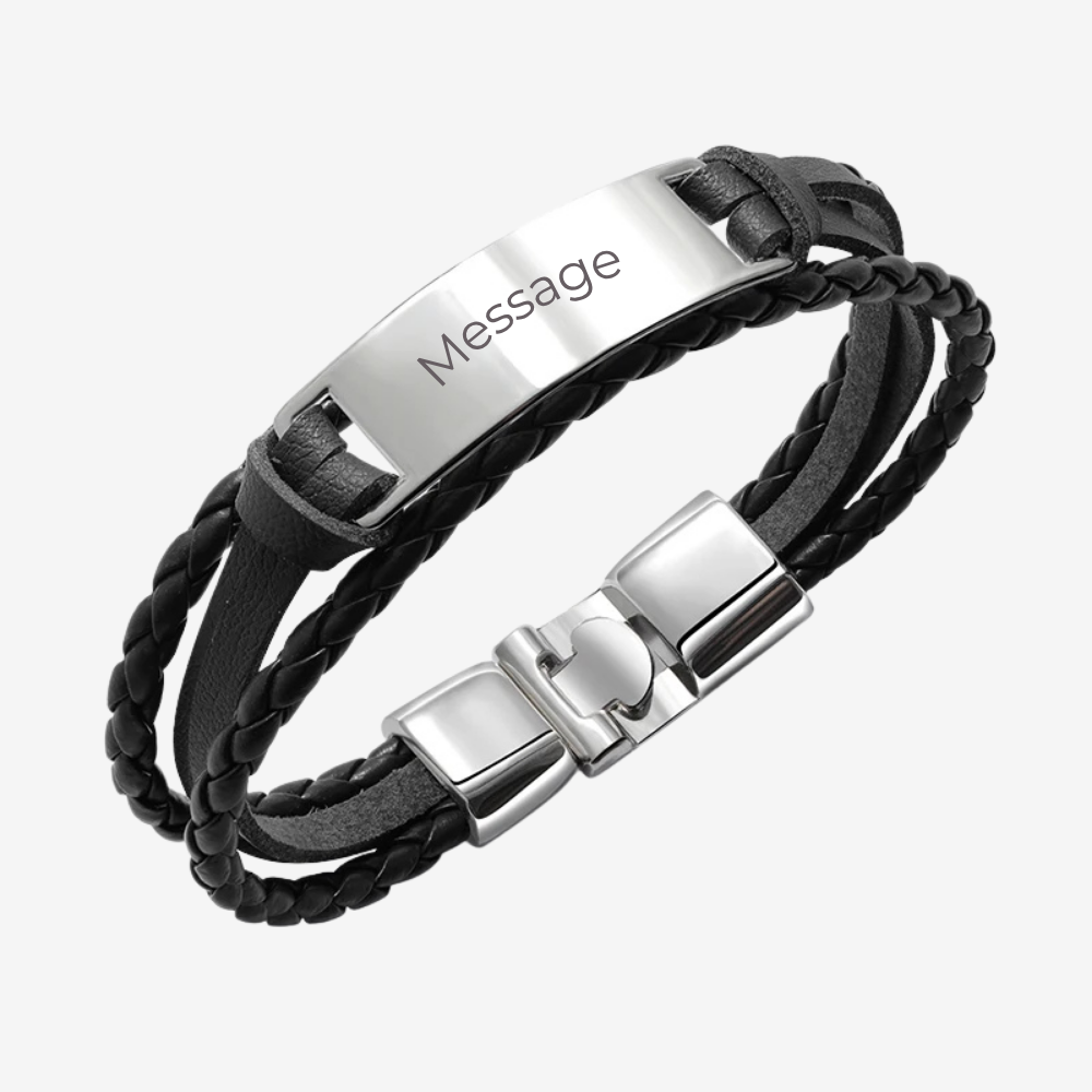 Bracelet cuir personnalisé homme noir, plaque argentée gravée avec message