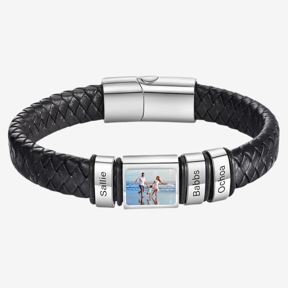 Bracelet homme photo en cuir tressé noir, photo gravée et plaques prénoms