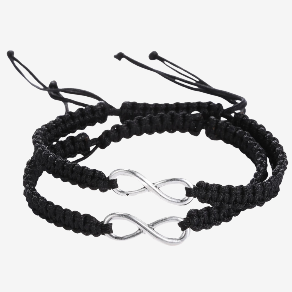 Bracelet infini pour couple en corde noire, duo avec symbole infini argenté